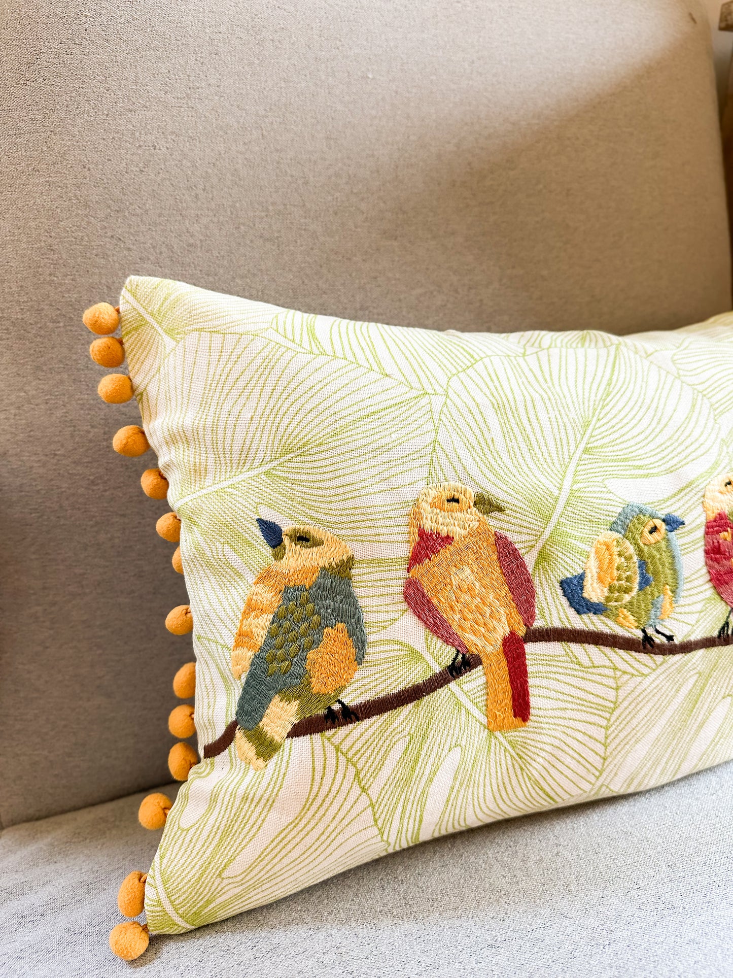 Bird and Pompom Pillow Cover